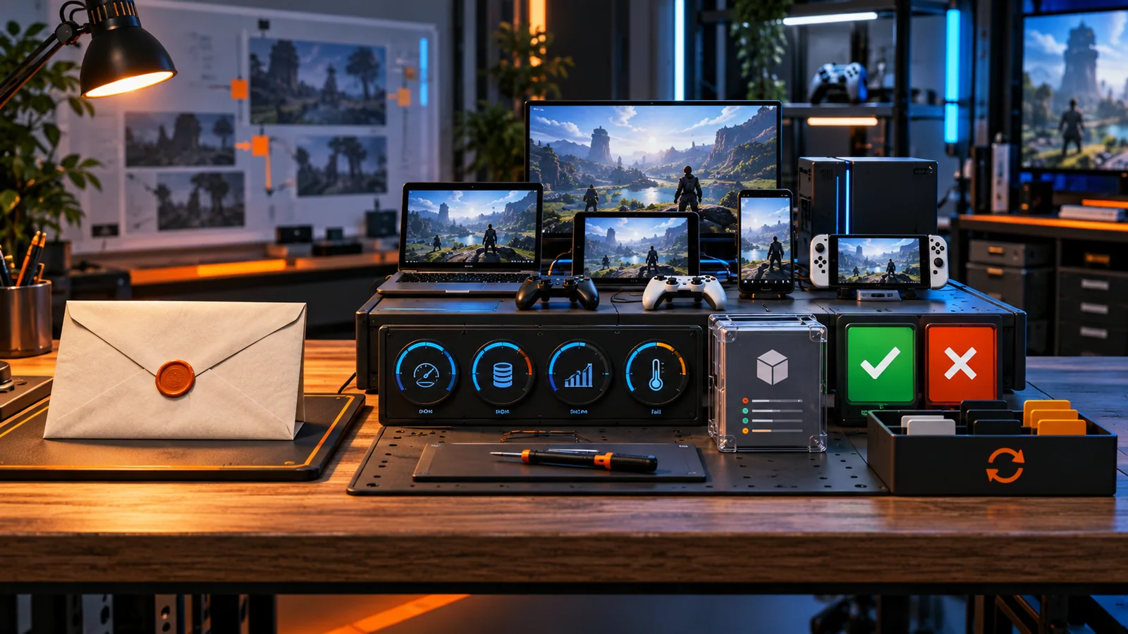 A fixed-price envelope sits beside a multi-device game acceptance-test rig and change-control tray